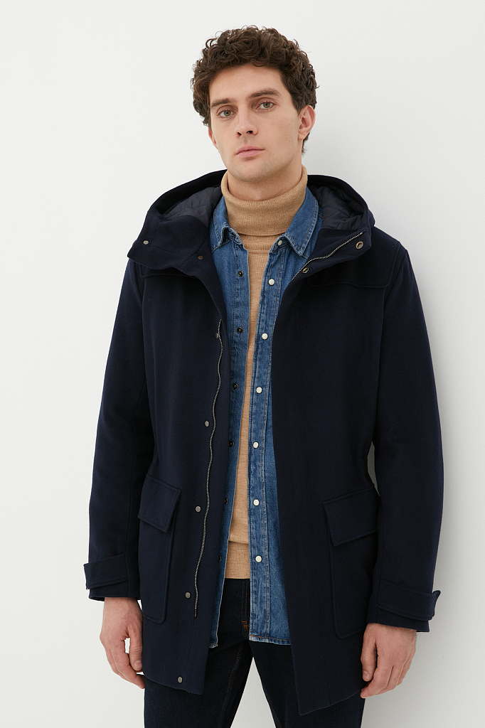 технологичное утепленное мужское пальто с шерстью Finn-Flare темно-синего цвета