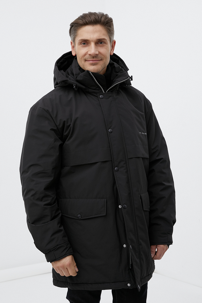 утепленное пальто мужское свободного кроя Finn-Flare черного цвета