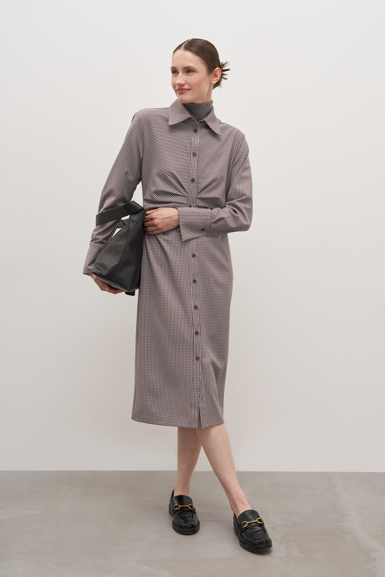 

Платье в клетку с длинным рукавом, 638 mc cappuccino, Платье в клетку с длинным рукавом