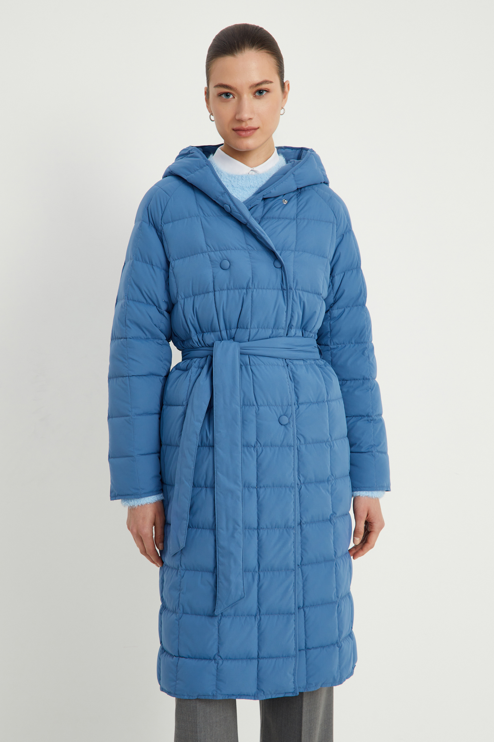 

Пуховое стеганое пальто с поясом, 186 coronet blue, Пуховое стеганое пальто с поясом