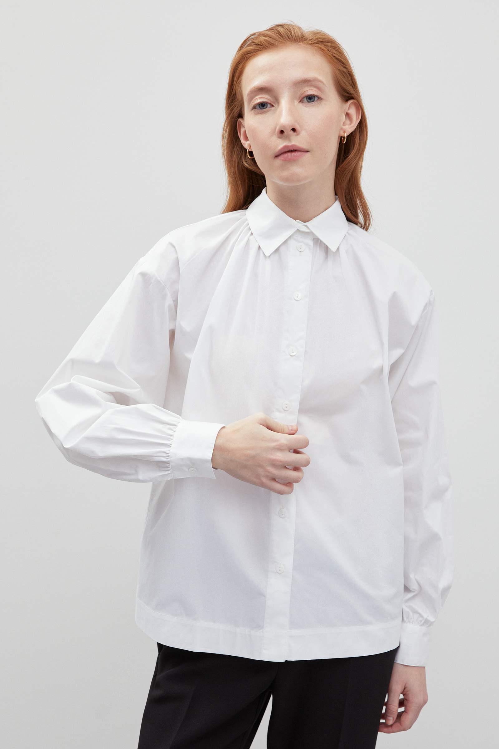 

Рубашка с драпировкой из хлопка, 201 white, Рубашка с драпировкой из хлопка