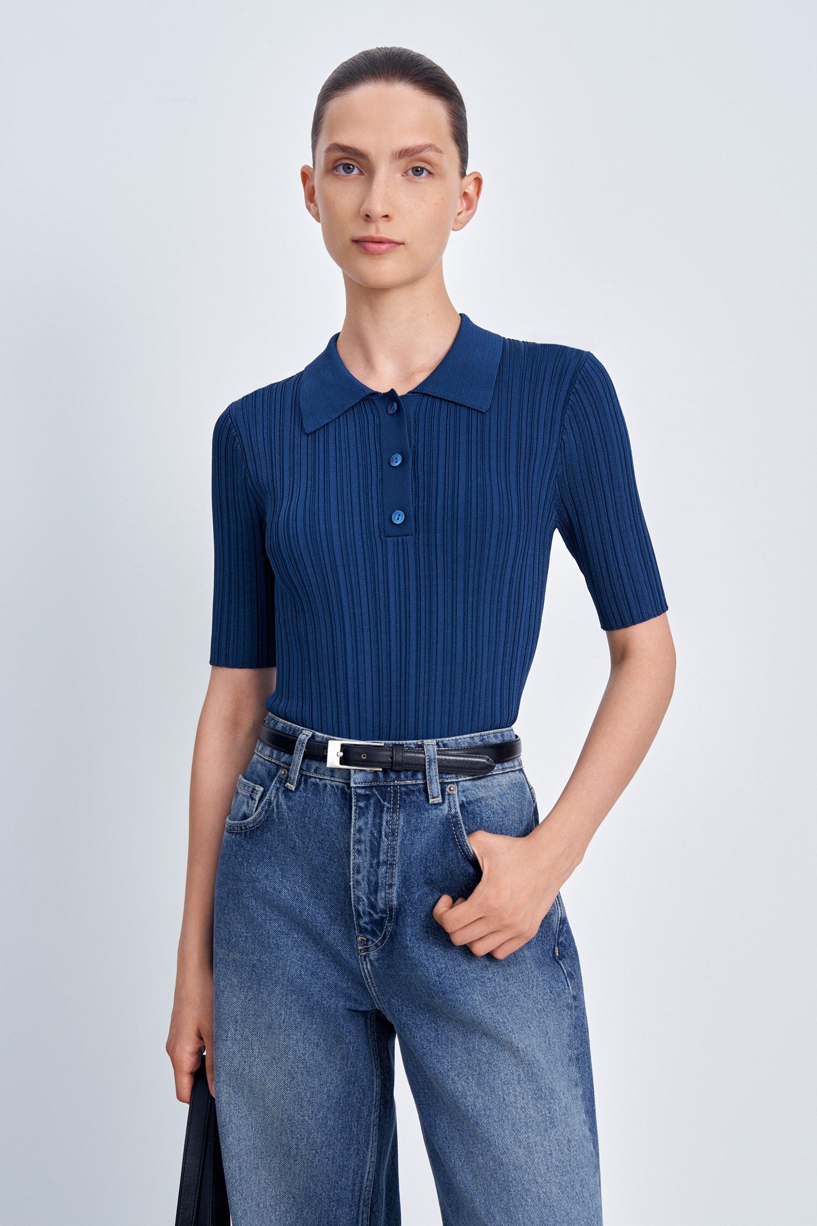 

Джемпер-поло полуприлегающего силуэта с коротким рукавом, 100 navy, Джемпер-поло полуприлегающего силуэта с коротким рукавом