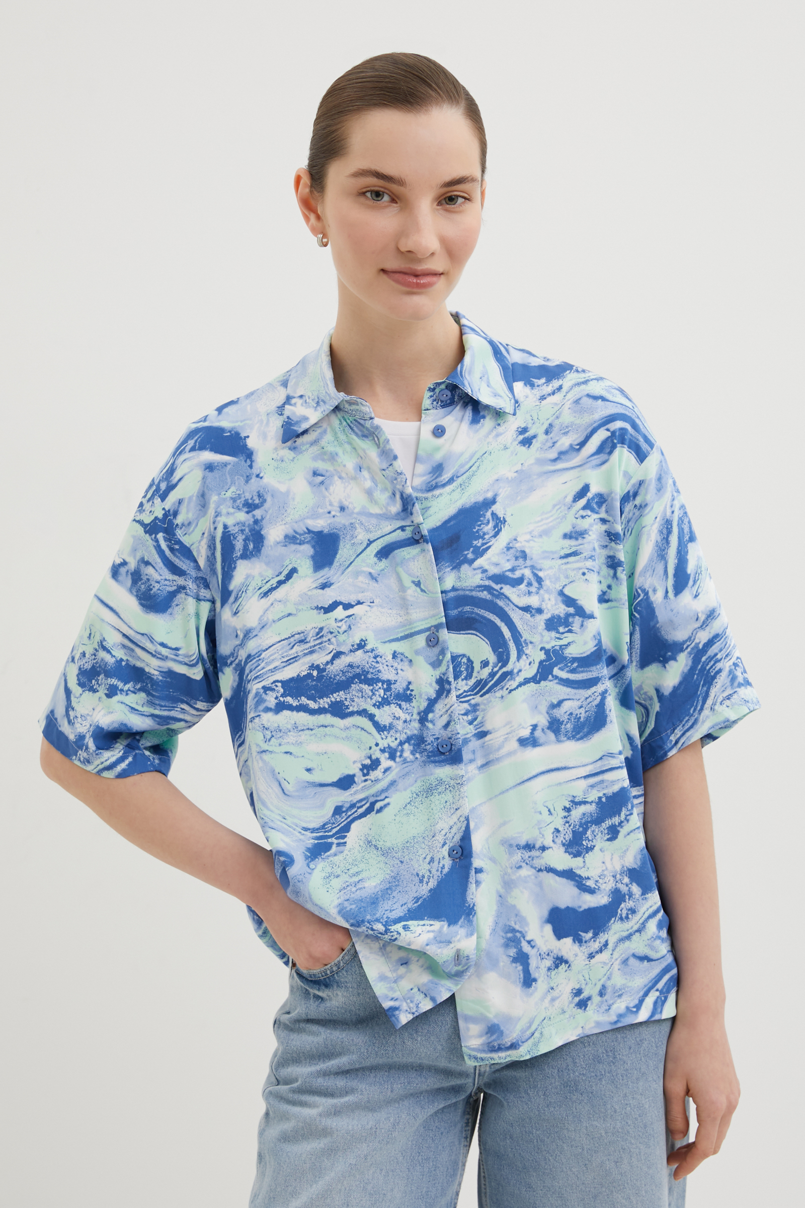 

Блузка свободного силуэта с коротким рукавом, 124 mc cyan, Блузка свободного силуэта с коротким рукавом