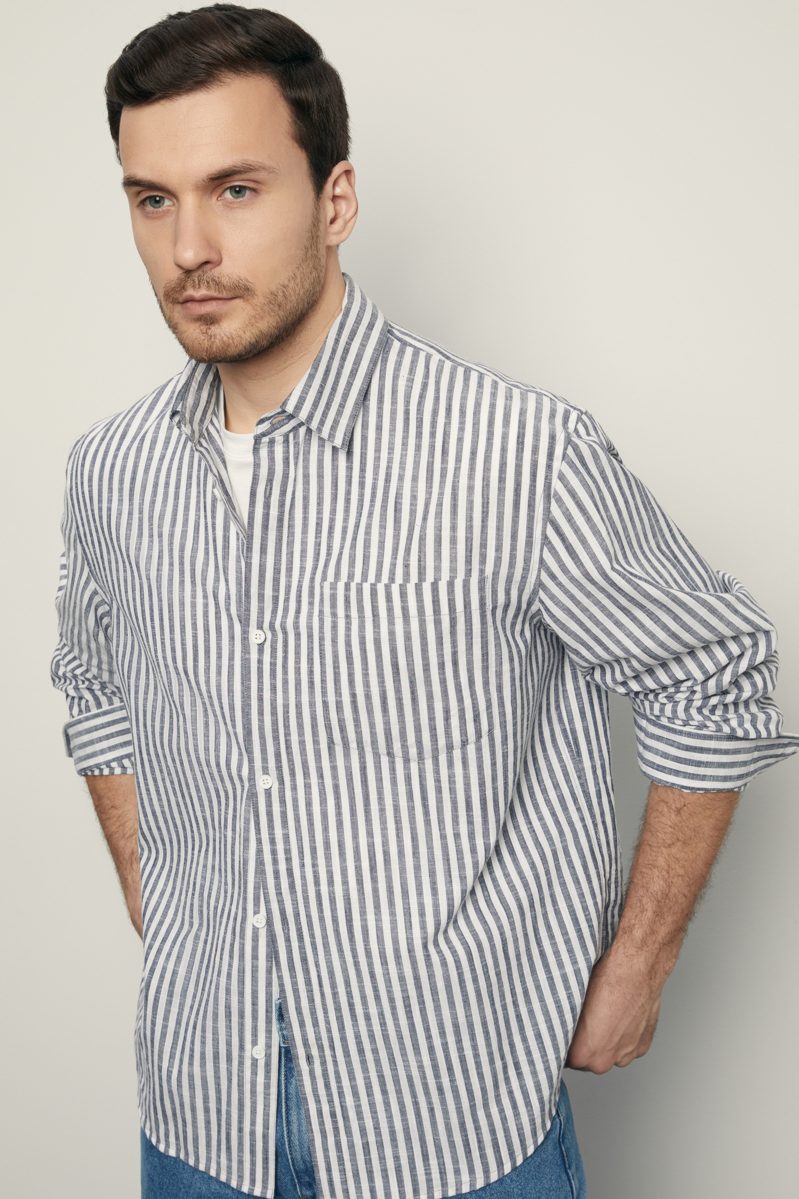 

Рубашка свободного силуэта в полоску, 101 mc cosmic blue, Рубашка свободного силуэта в полоску