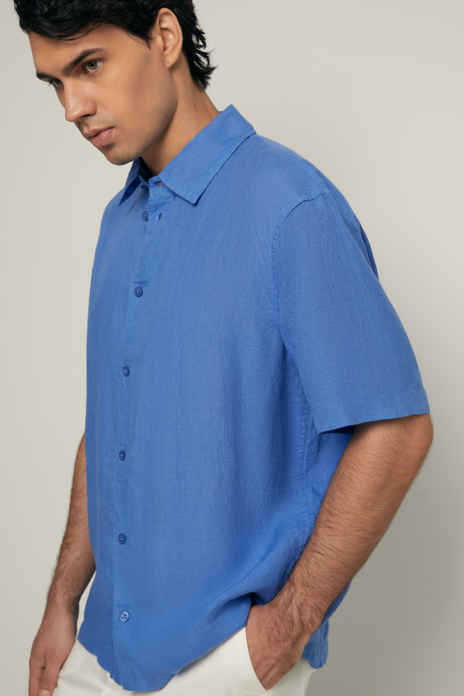 Мужская льняная рубашка Finn Flare с коротким рукавом, 180 blue aster, арт. FSF21035