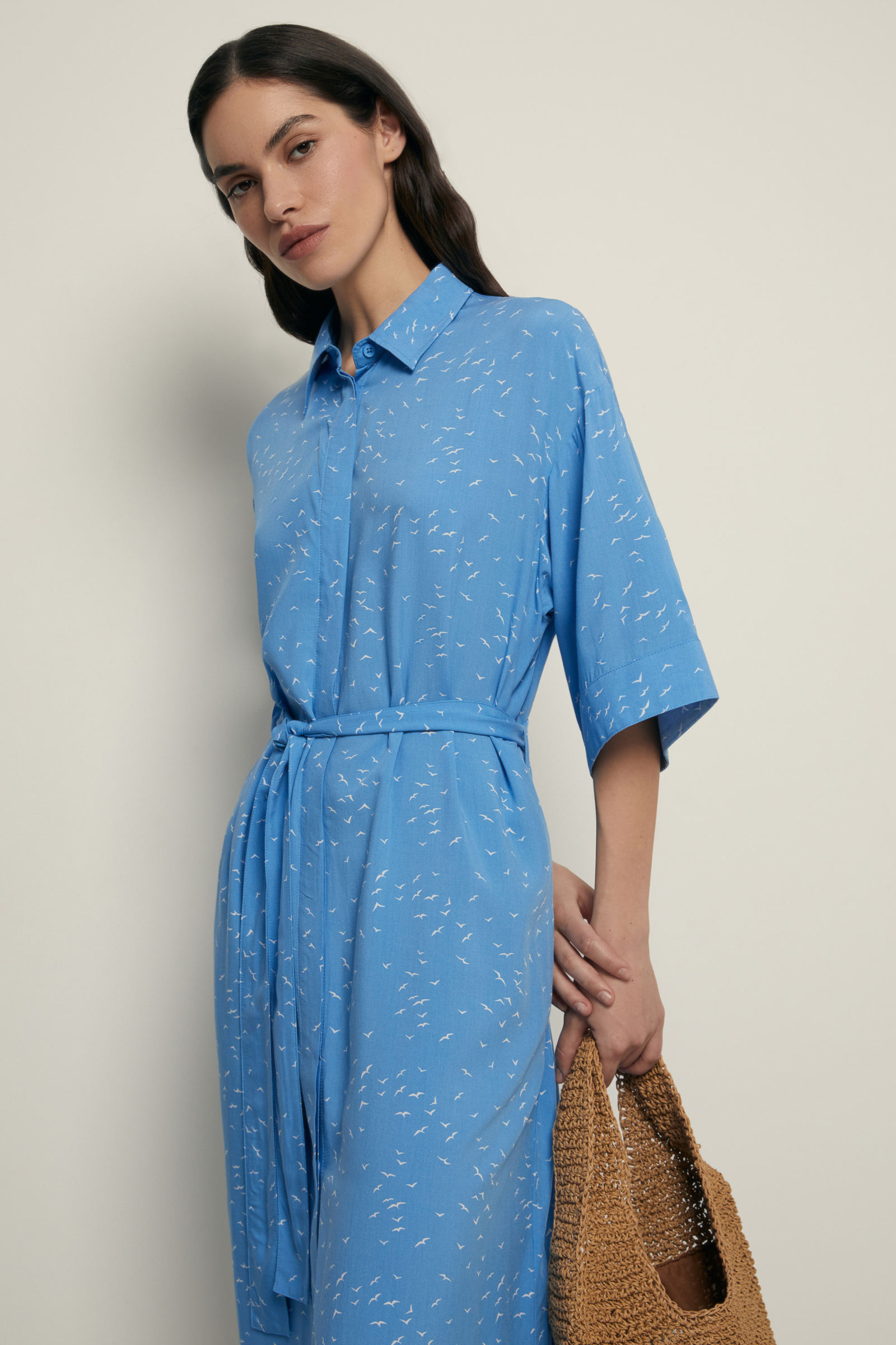 

Платье с коротким рукавом и поясом, 180 mc blue aster, Платье с коротким рукавом и поясом