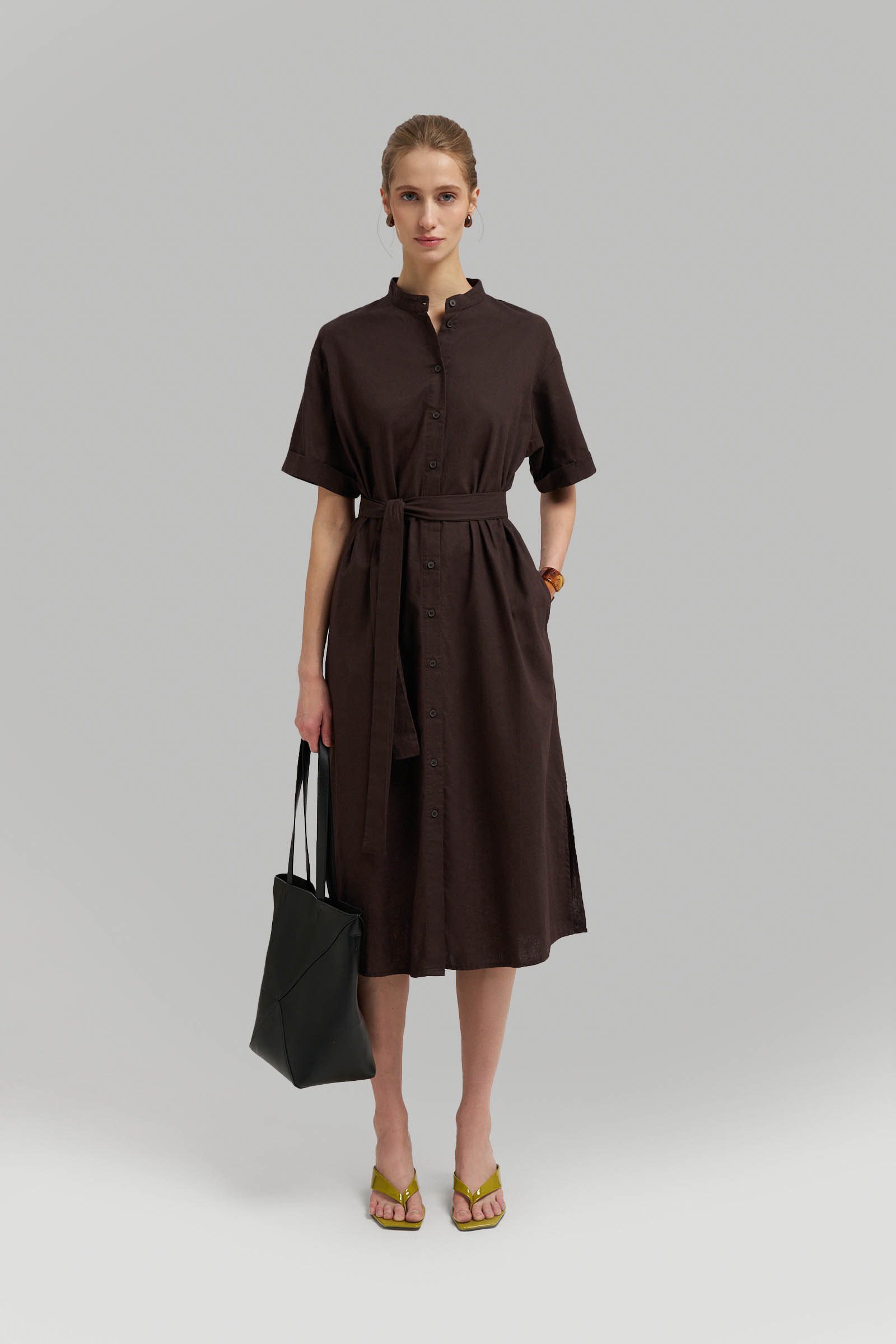 Платье миди Finn Flare из льна и хлопка, коричневый, арт. FSG110190