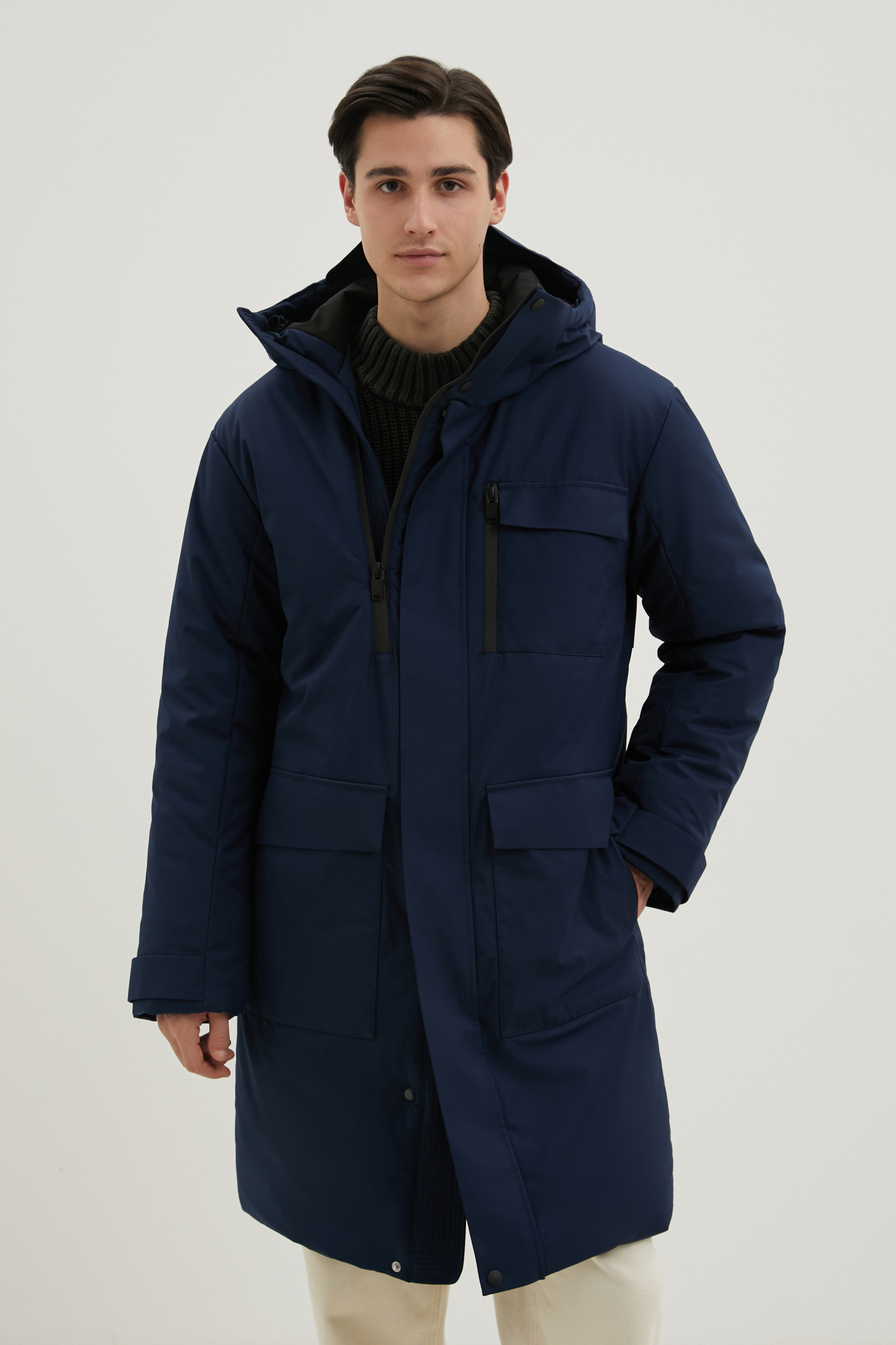утепленное пальто с капюшоном Finn-Flare темно-синего цвета