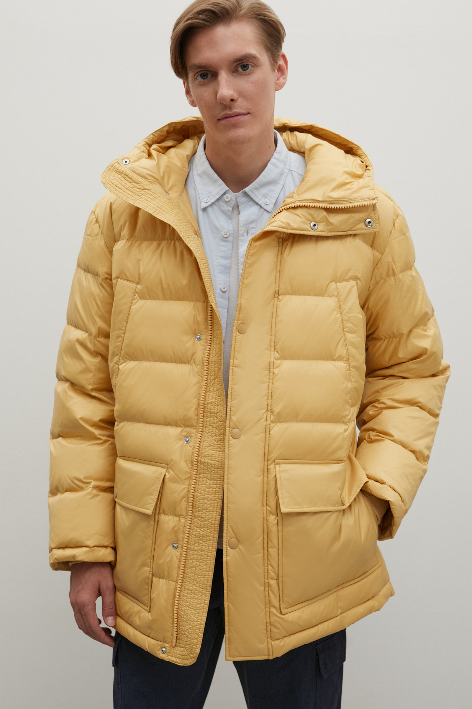 

Пуховик с капюшоном и накладными карманами, 409 mustard, Пуховик с капюшоном и накладными карманами