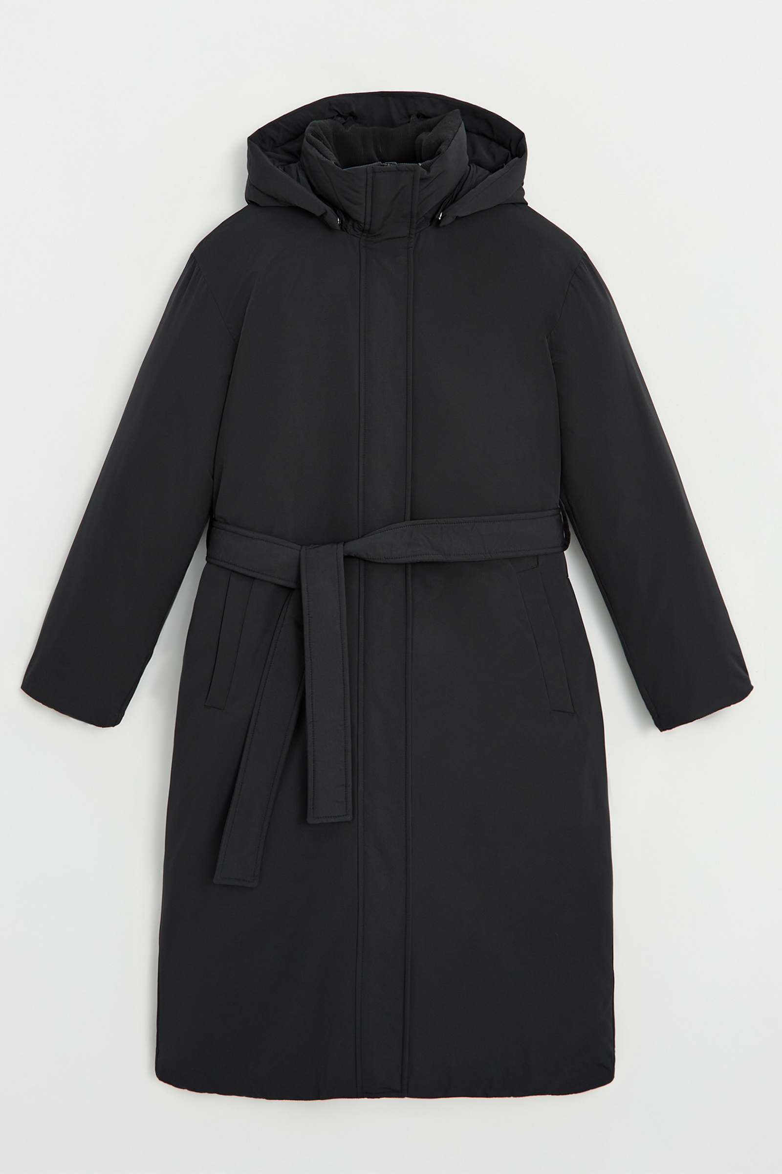 

Пуховое пальто с поясом и капюшоном, 200 black, Пуховое пальто с поясом и капюшоном