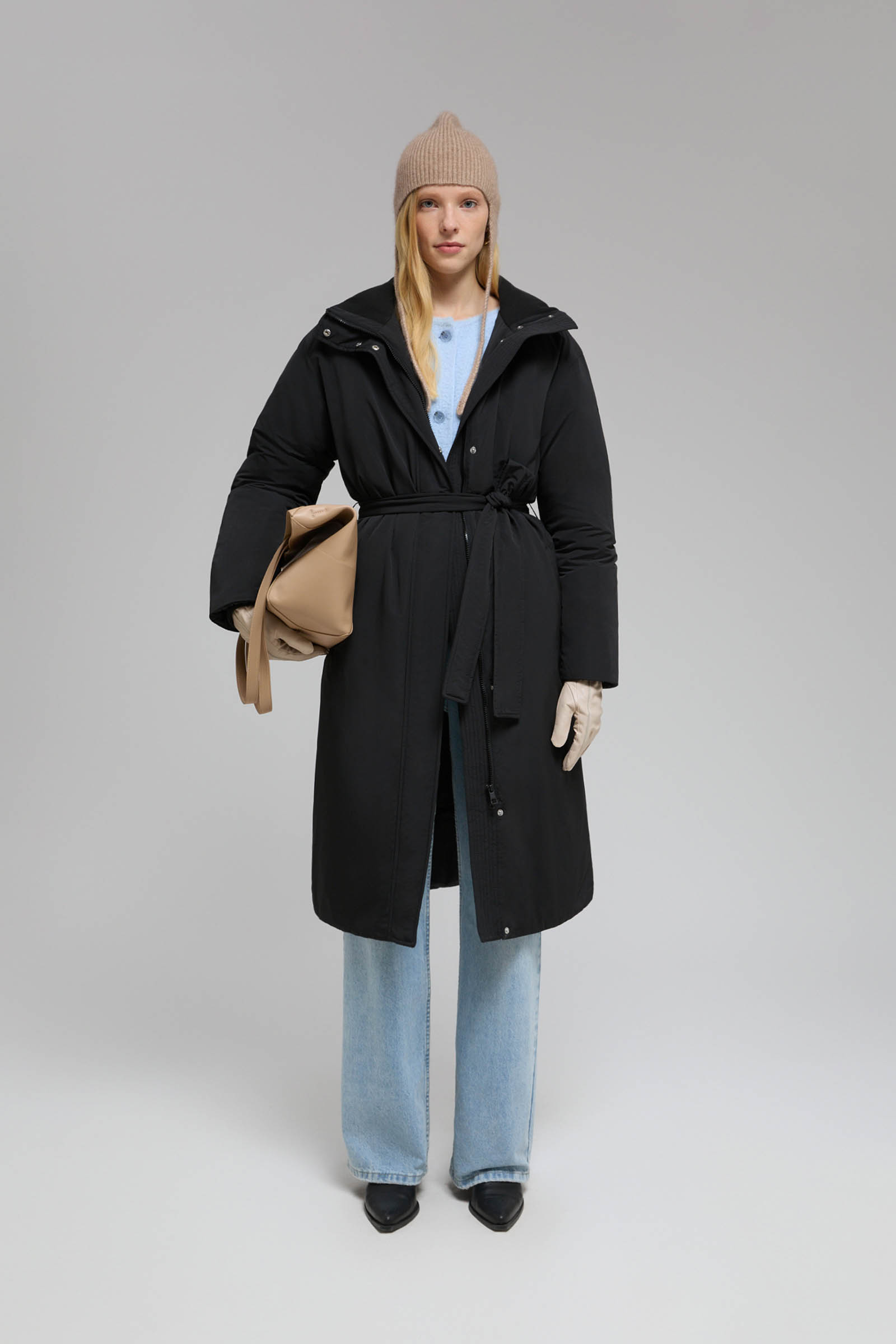 

Пуховое пальто с поясом и капюшоном, 200 black, Пуховое пальто с поясом и капюшоном