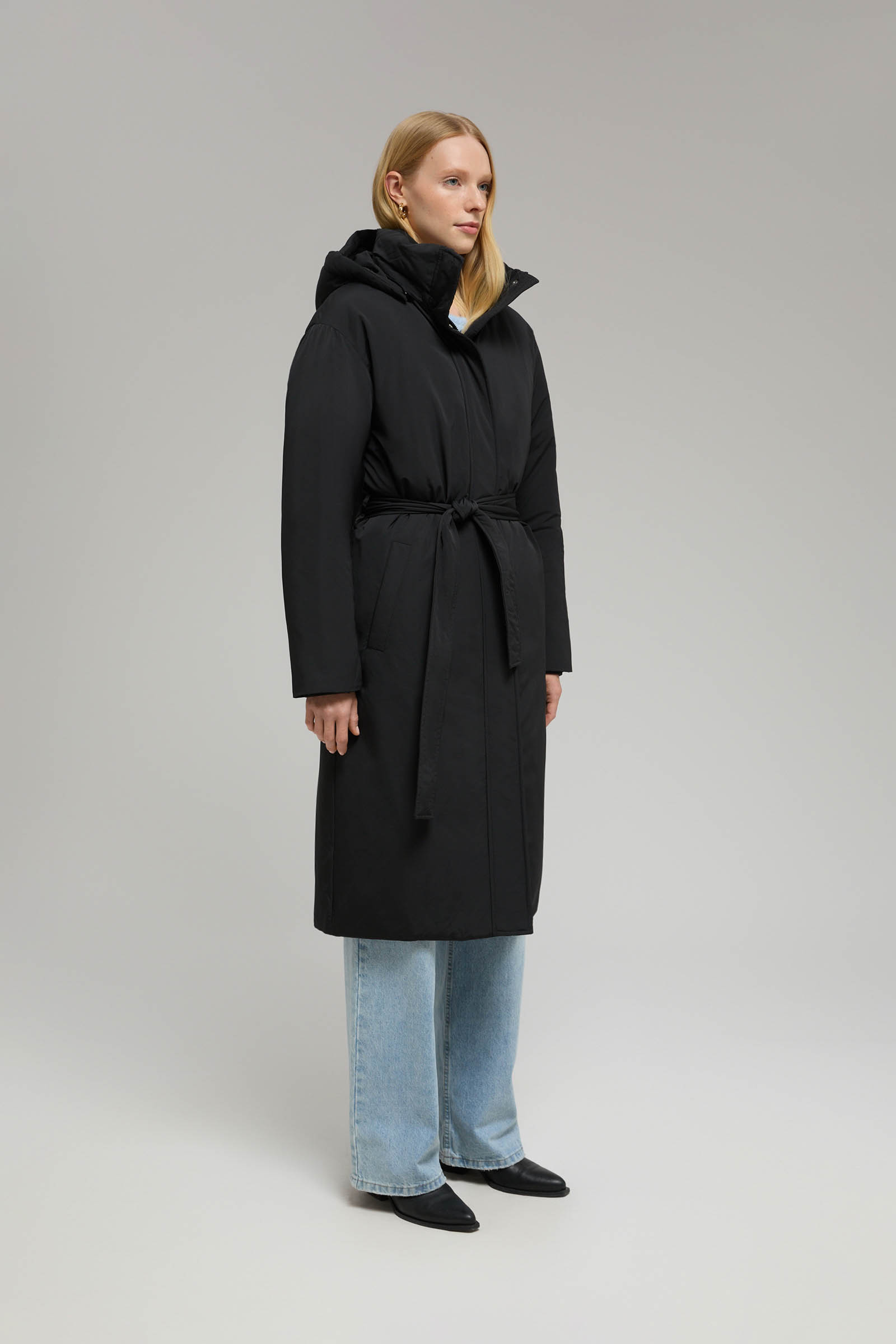 

Пуховое пальто с поясом и капюшоном, 709 cornstalk, Пуховое пальто с поясом и капюшоном