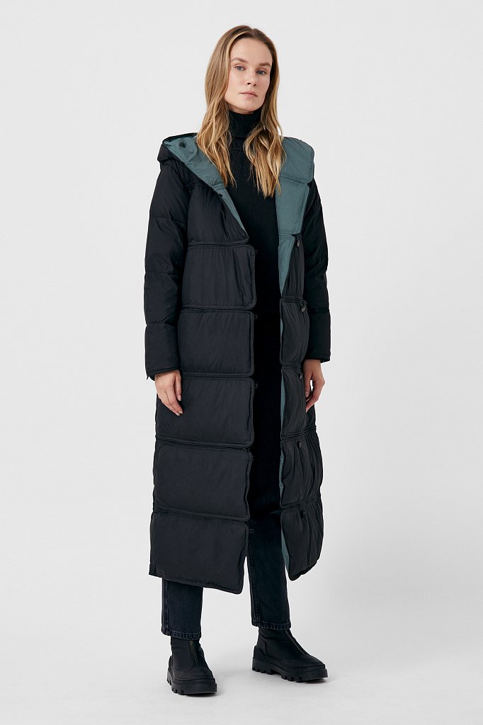 Пуховое двустороннее пальто женское прямого кроя с капюшоном, Модель FAB110153, Фото №2
