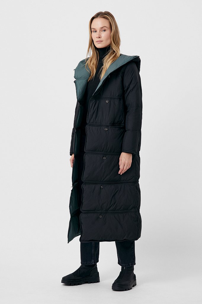 Пуховое двустороннее пальто женское прямого кроя с капюшоном, Модель FAB110153, Фото №4