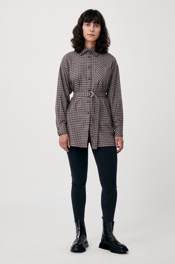 Рубашка женская в клетку из 100% хлопка с поясом, Модель FAB110204, Фото №2