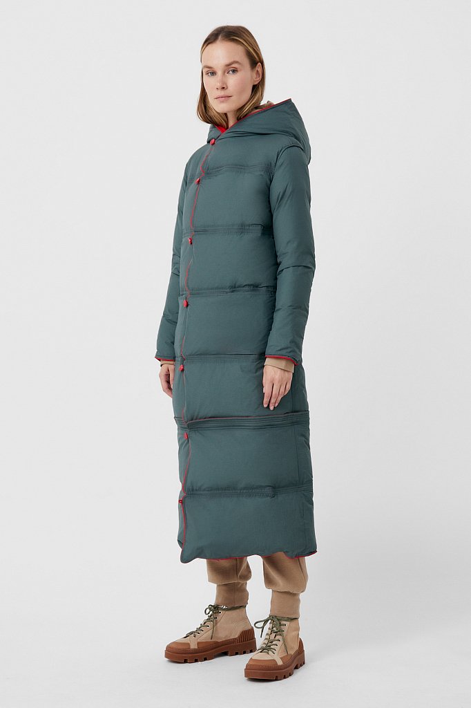 Пуховое двустороннее пальто женское прямого кроя с капюшоном, Модель FAB110153, Фото №4