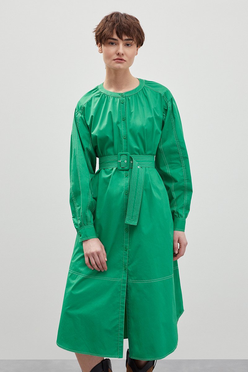 Платье с объемными рукавами и поясом, Модель FBD110148, Фото №1