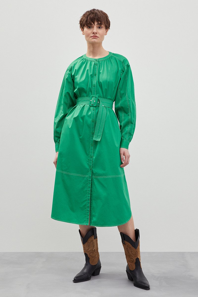 Платье с объемными рукавами и поясом, Модель FBD110148, Фото №2