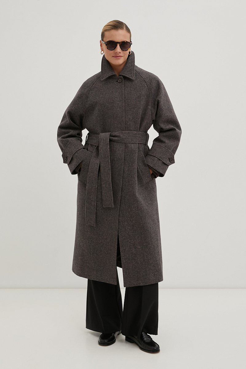 Пальто свободного силуэта с поясом, Модель FBE11097, Фото №1