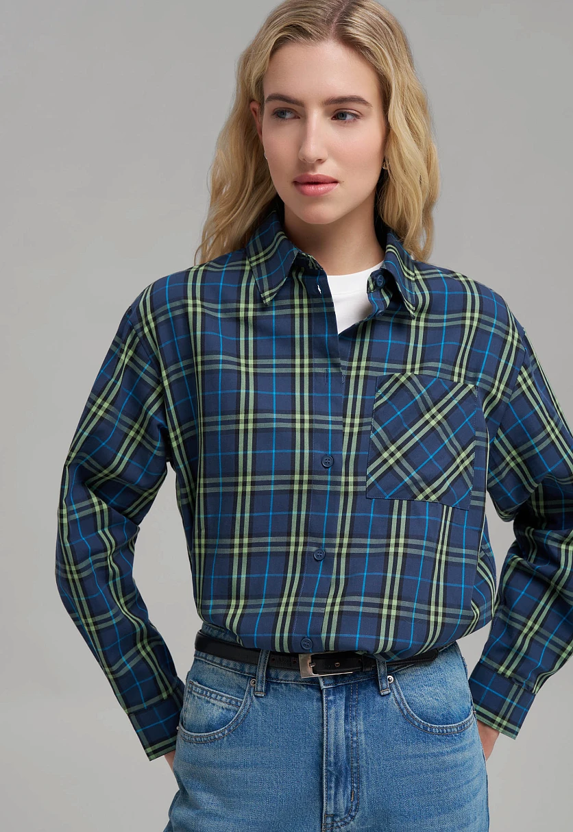 Свободная рубашка в клетку из твила, Модель FBG110138, Фото №6