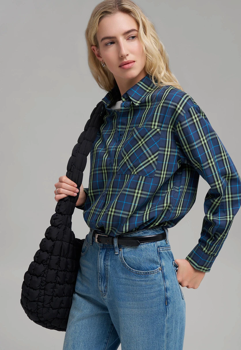 Свободная рубашка в клетку из твила, Модель FBG110138, Фото №5