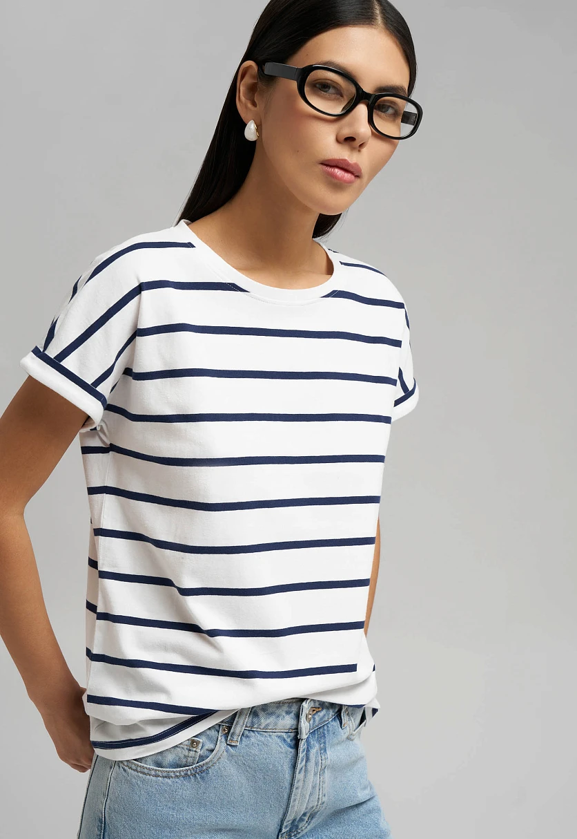 Свободная футболка в полоску из хлопкового джерси, Модель FBG120108, Фото №5