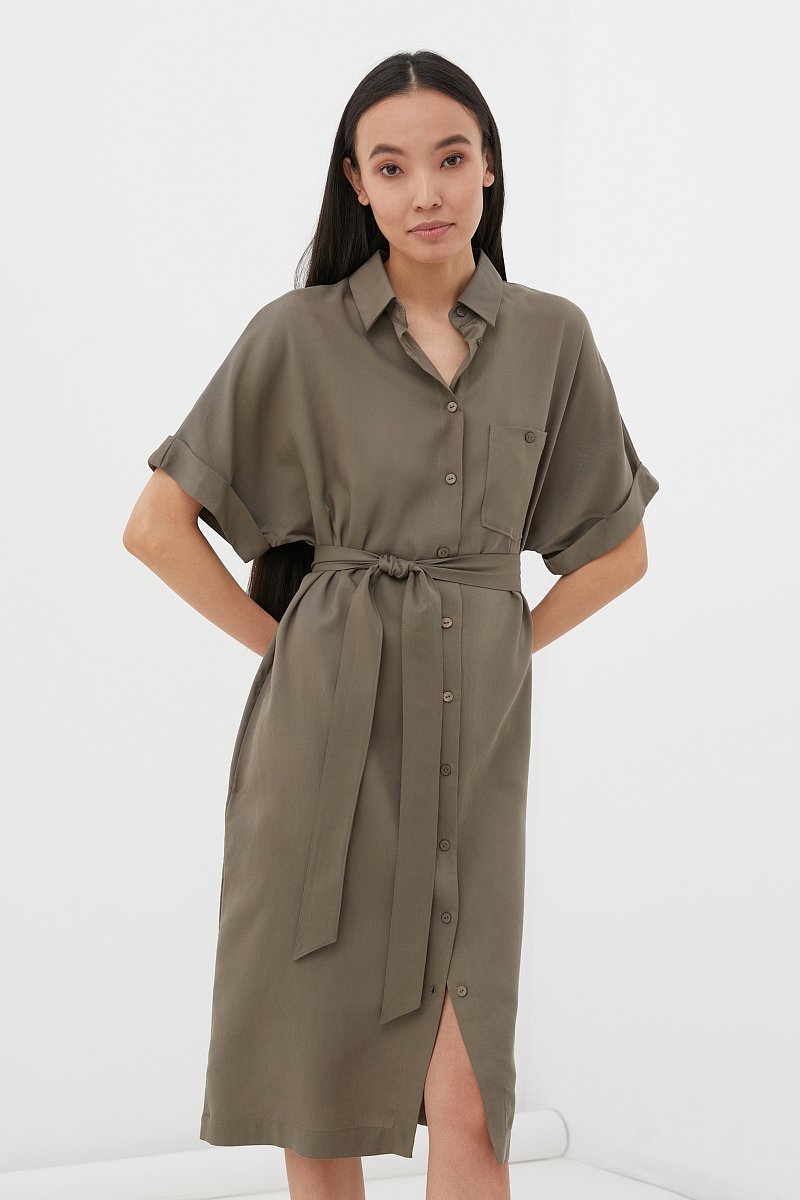 Платье-рубашка цвета хаки с боковыми разрезами