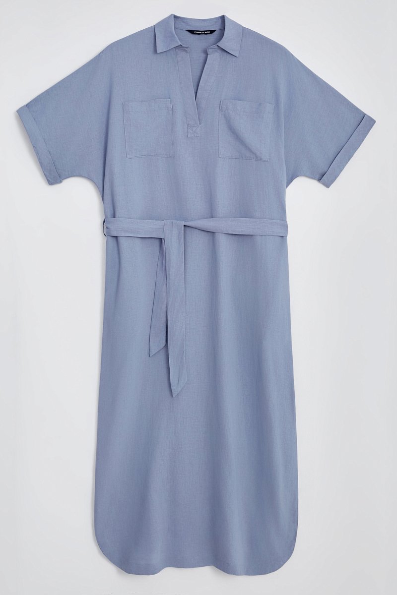 Платье из льна с коротким рукавом и поясом, Модель FSD110122, Фото №7