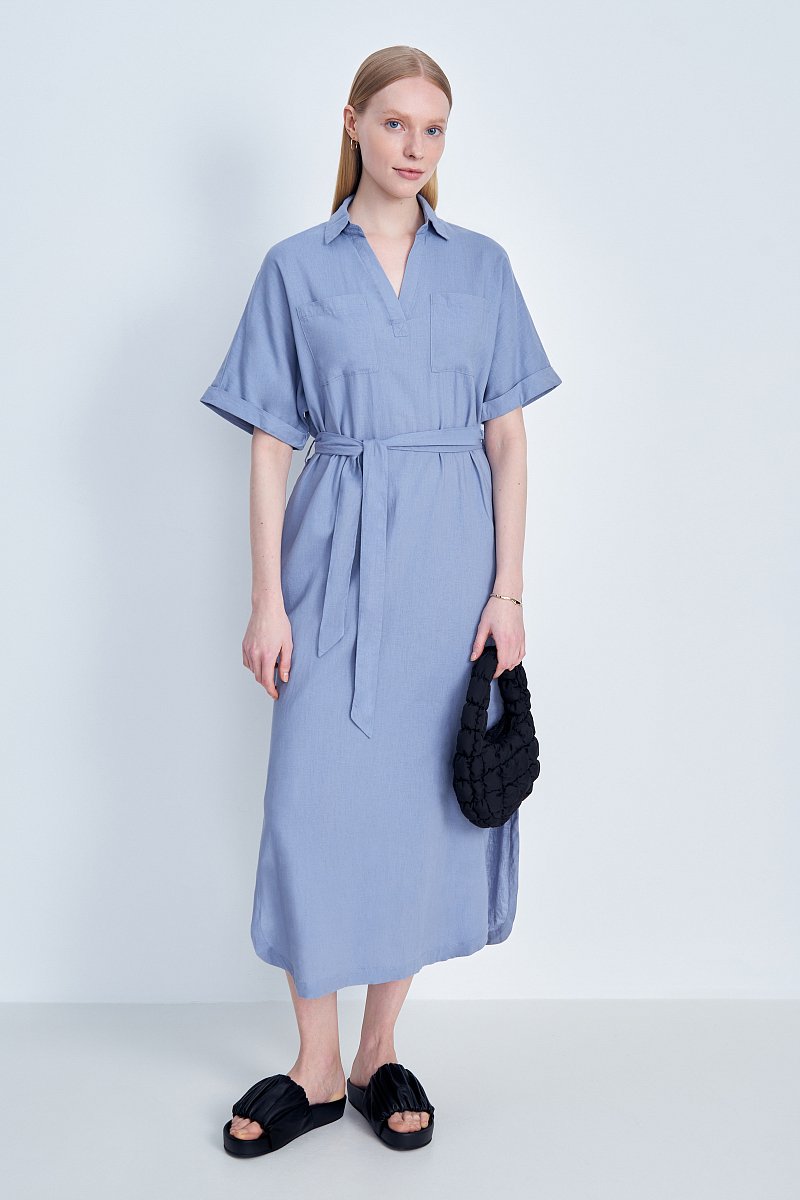 Платье из льна с коротким рукавом и поясом, Модель FSD110122, Фото №1