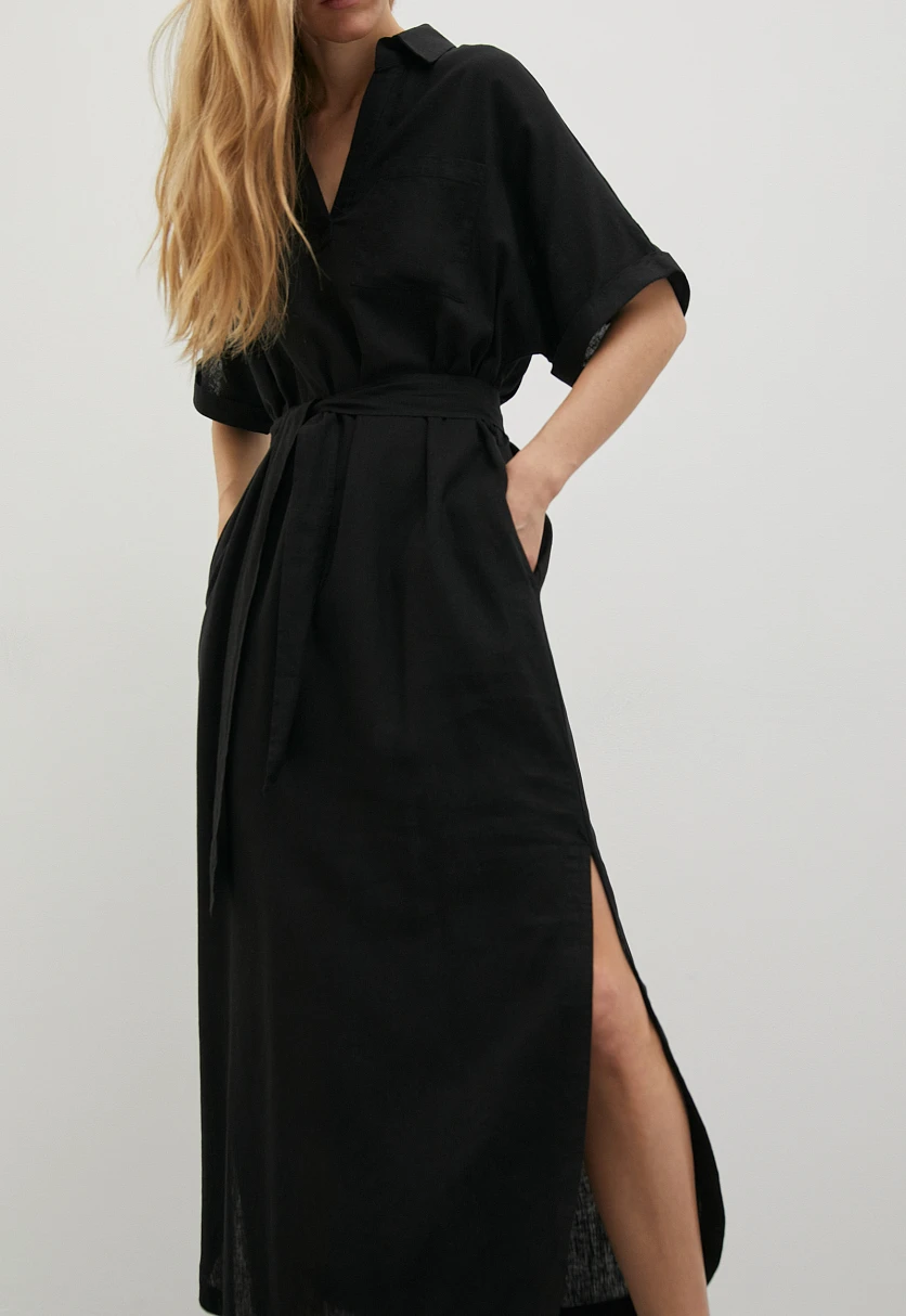 Платье из льна с коротким рукавом и поясом, Модель FSD110122, Фото №2