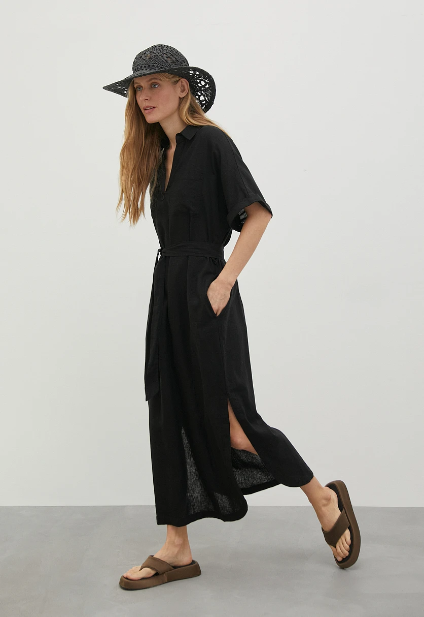 Платье из льна с коротким рукавом и поясом, Модель FSD110122, Фото №3