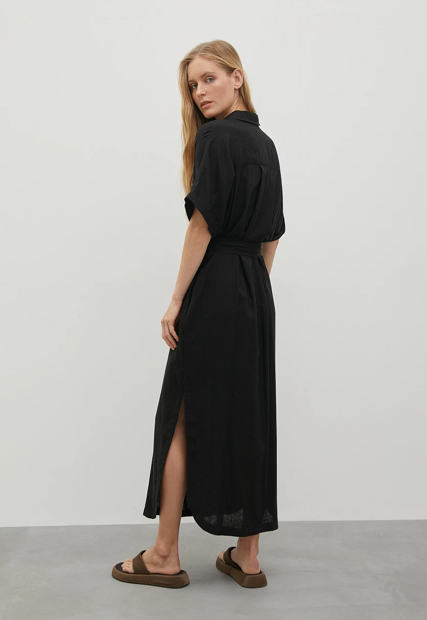 Платье из льна с коротким рукавом и поясом, Модель FSD110122, Фото №4