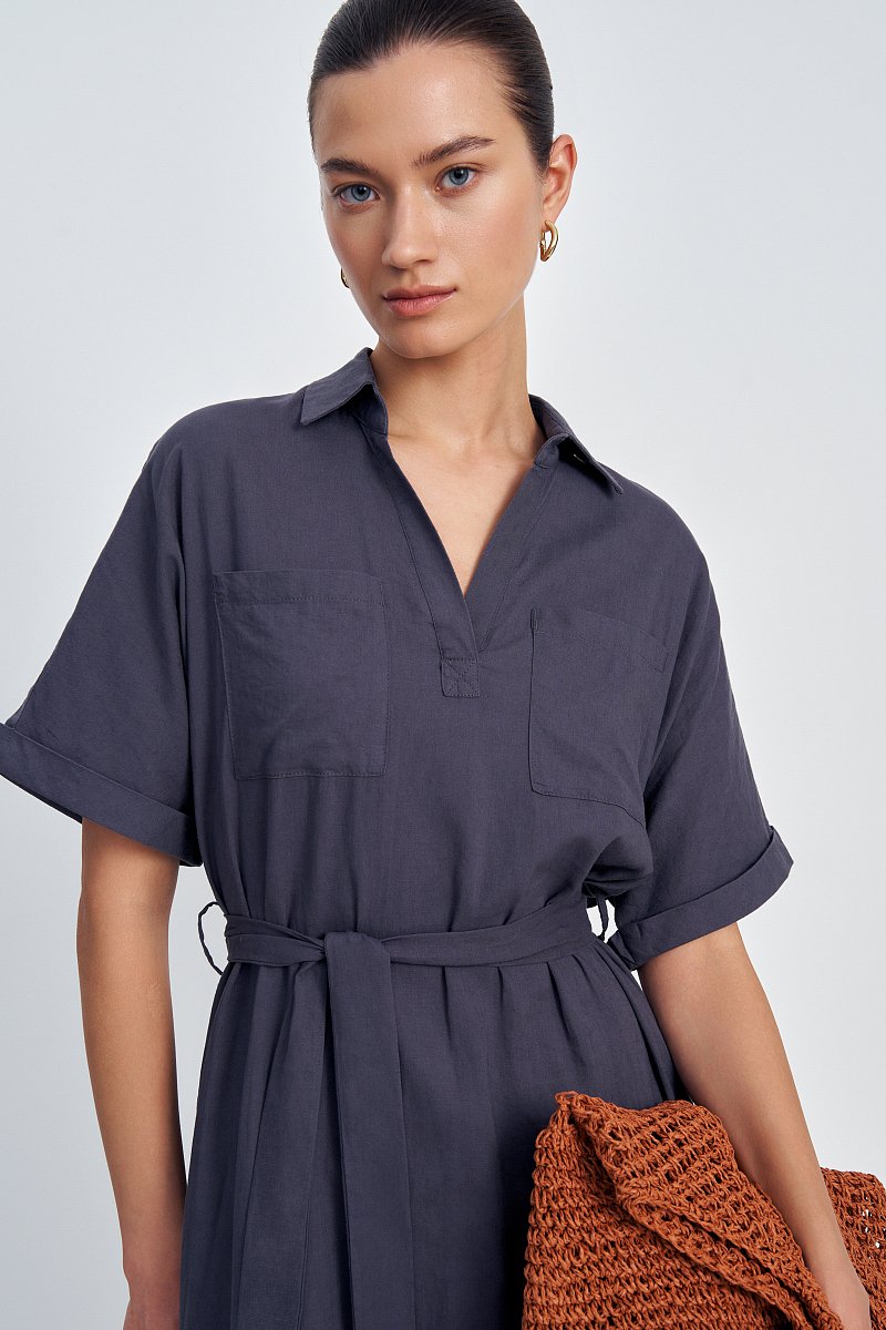 Платье из льна с коротким рукавом и поясом, Модель FSD110122, Фото №5
