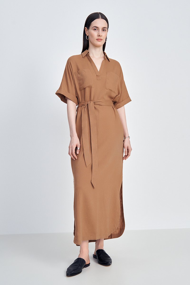 Платье изо льна с коротким рукавом и поясом, Модель FSD110122, Фото №1