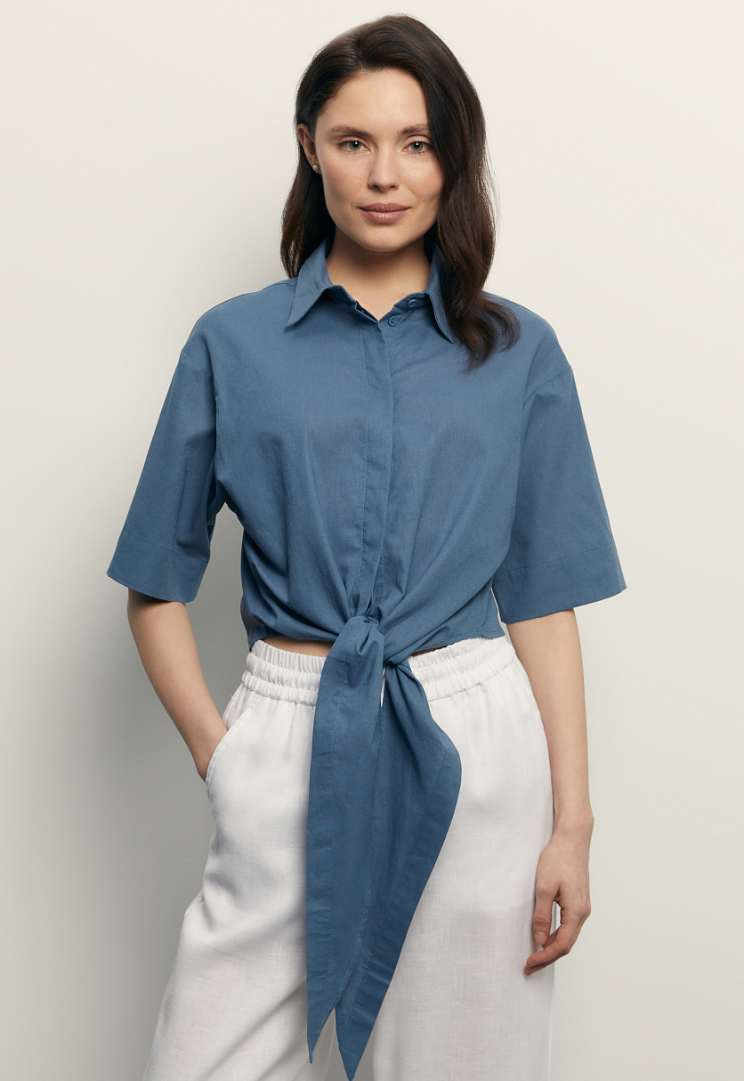 Блузка из хлопка и льна с завязками на поясе