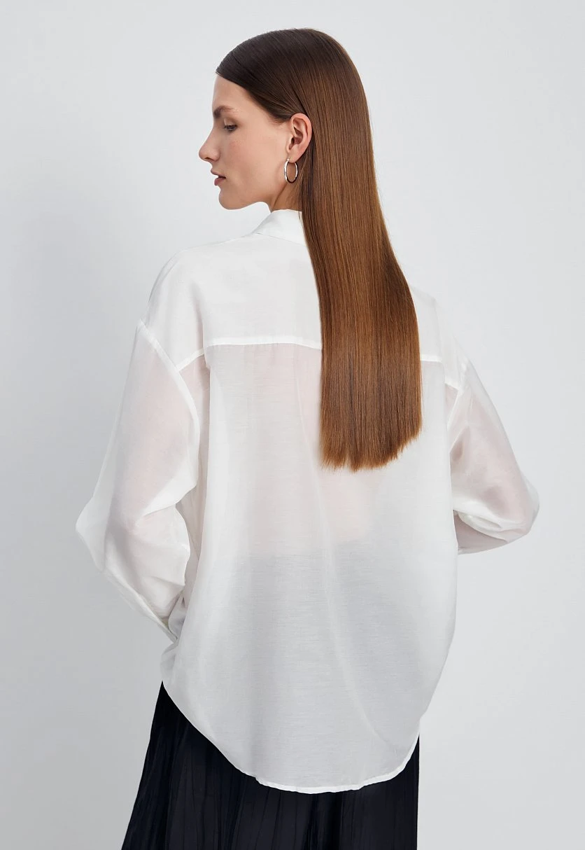 Блузка из хлопка и шелка с отложным воротником, Модель FSE110245, Фото №5