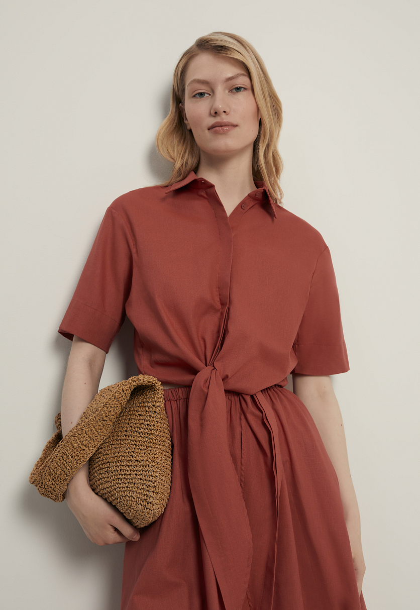 Блузка из хлопка и льна с завязками на поясе Блузка из хлопка и льна с завязками на поясе