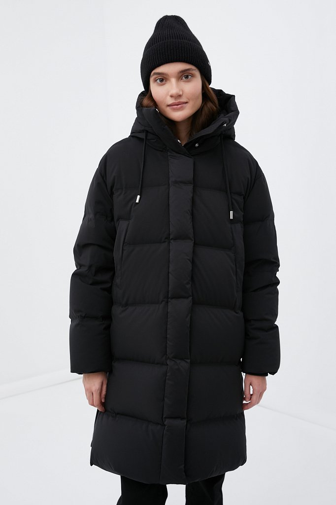 Пуховое пальто женское прямого кроя с капюшоном, Модель FWB110101, Фото №1