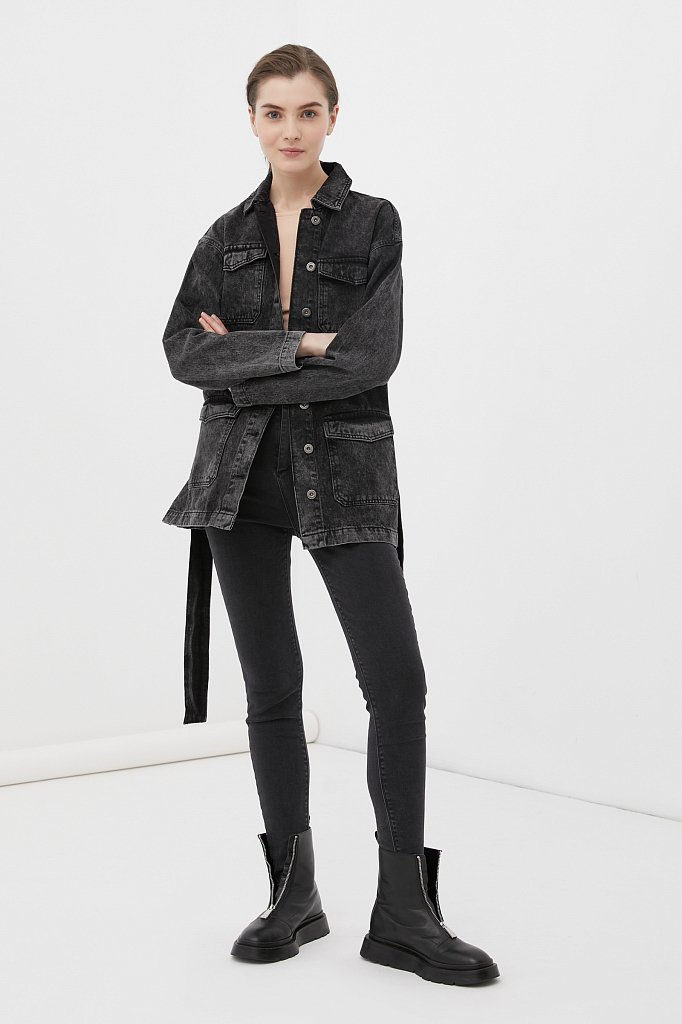 Джинсовая женская куртка в стиле милитари с поясом, Модель FWB55003, Фото №2