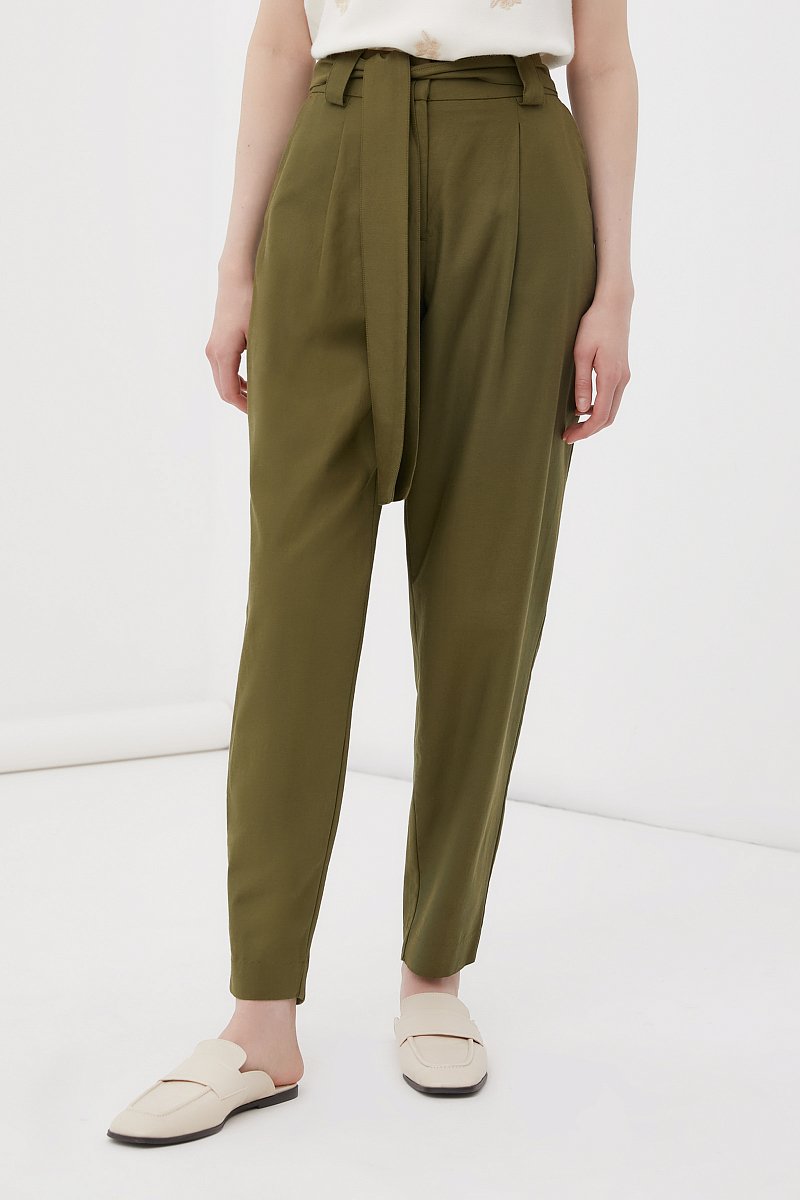 Свободные женские брюки с защипами и поясом, Модель FWB51035, Фото №2