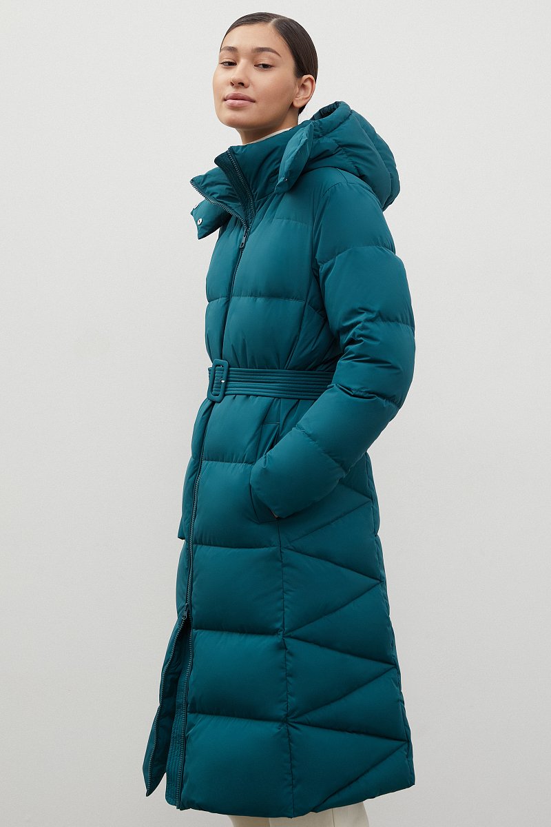 Стеганое пуховое пальто с капюшоном и поясом, Модель FWC11075, Фото №4