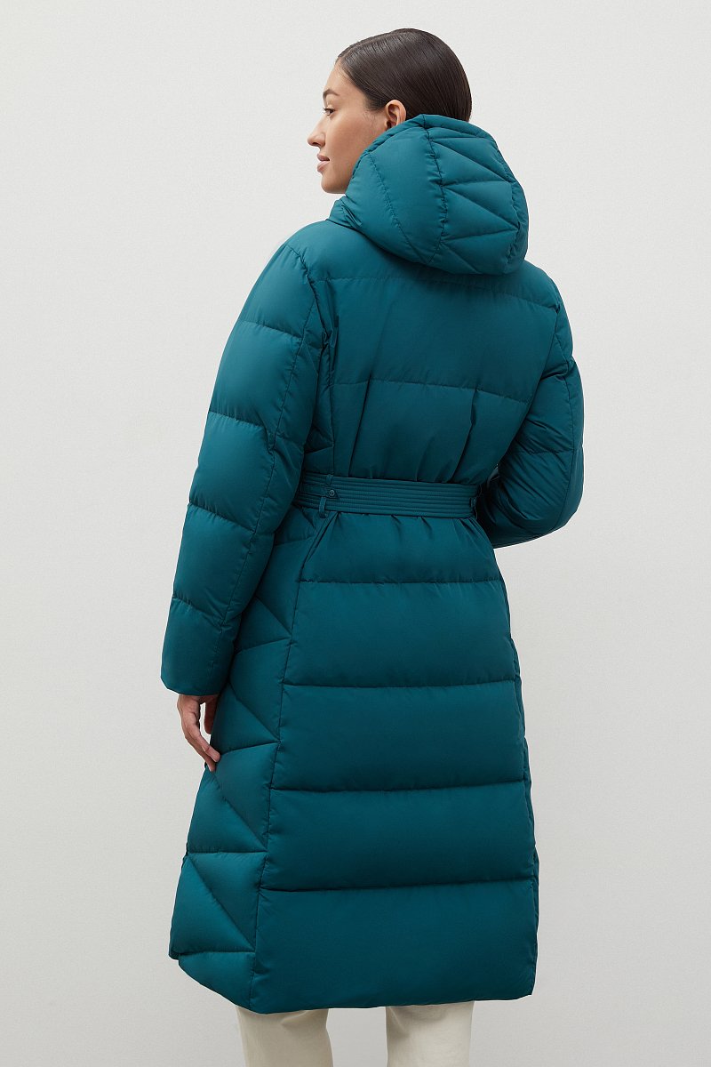 Стеганое пуховое пальто с капюшоном и поясом, Модель FWC11075, Фото №5