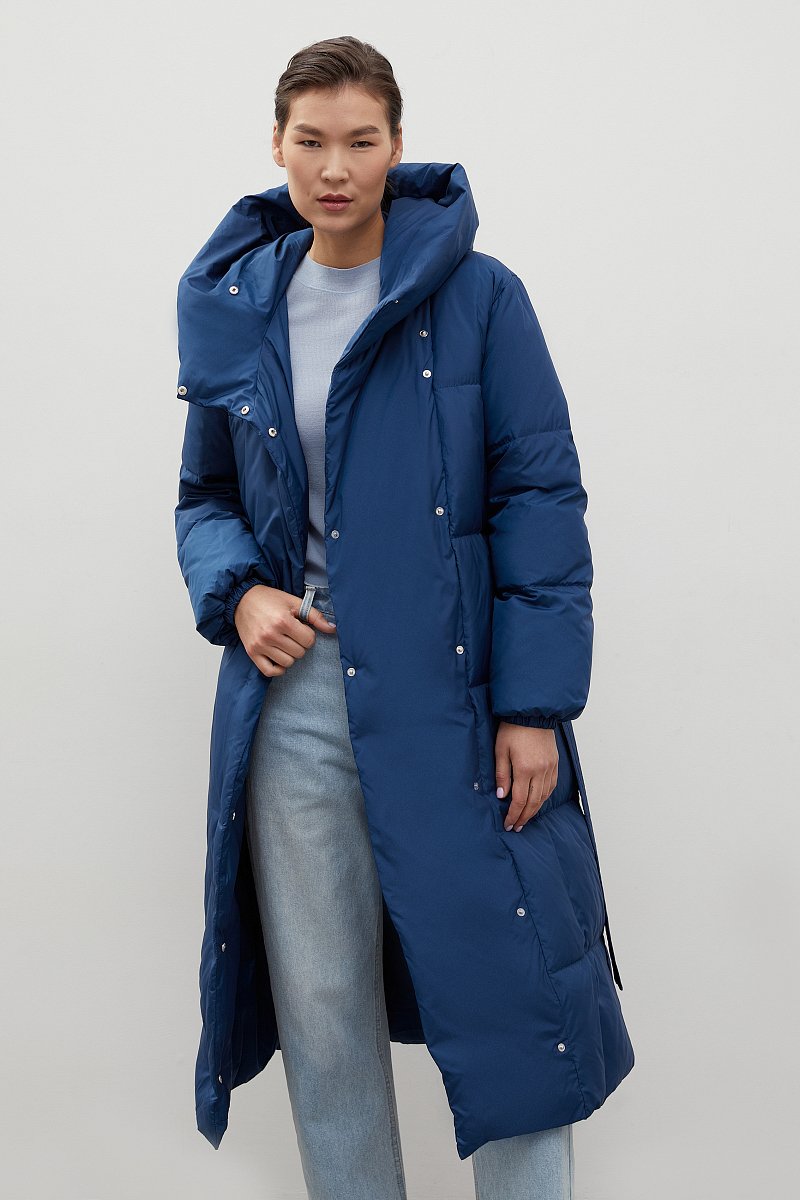 Пуховое пальто с капюшоном и поясом, Модель FWC11069, Фото №1