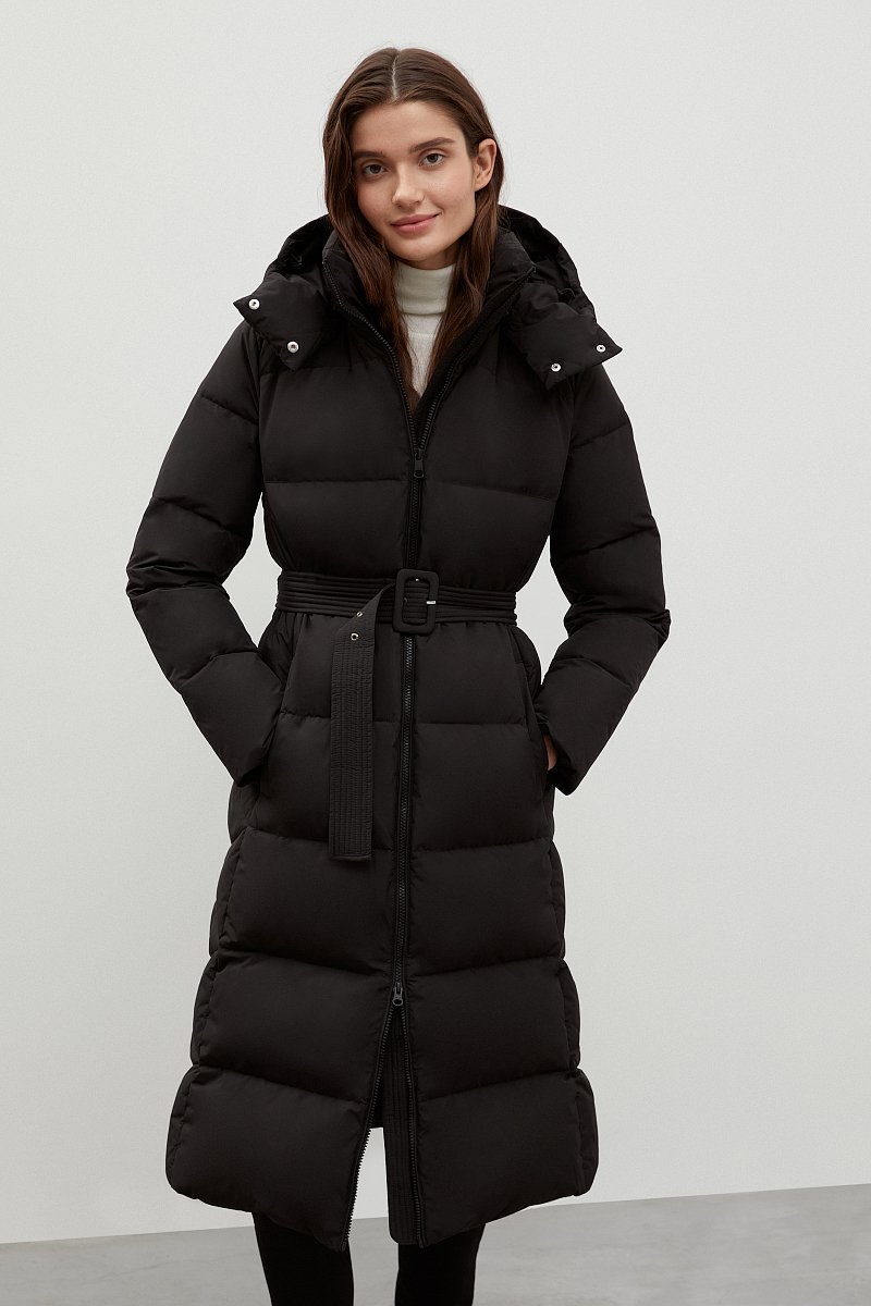 Стеганое пуховое пальто с капюшоном и поясом, Модель FWC11075, Фото №1