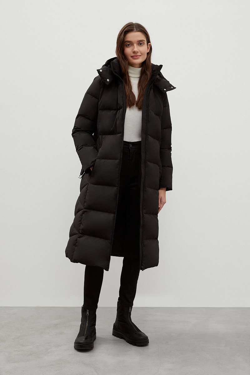 Стеганое пуховое пальто с капюшоном и поясом, Модель FWC11075, Фото №2