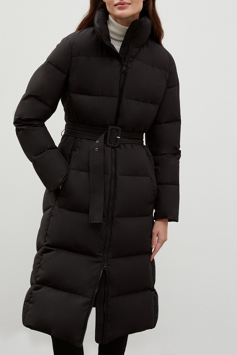 Стеганое пуховое пальто с капюшоном и поясом, Модель FWC11075, Фото №3