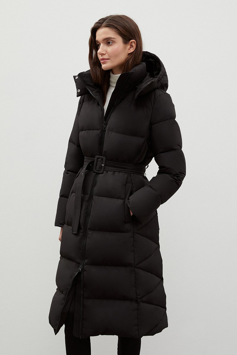 Стеганое пуховое пальто с капюшоном и поясом, Модель FWC11075, Фото №4