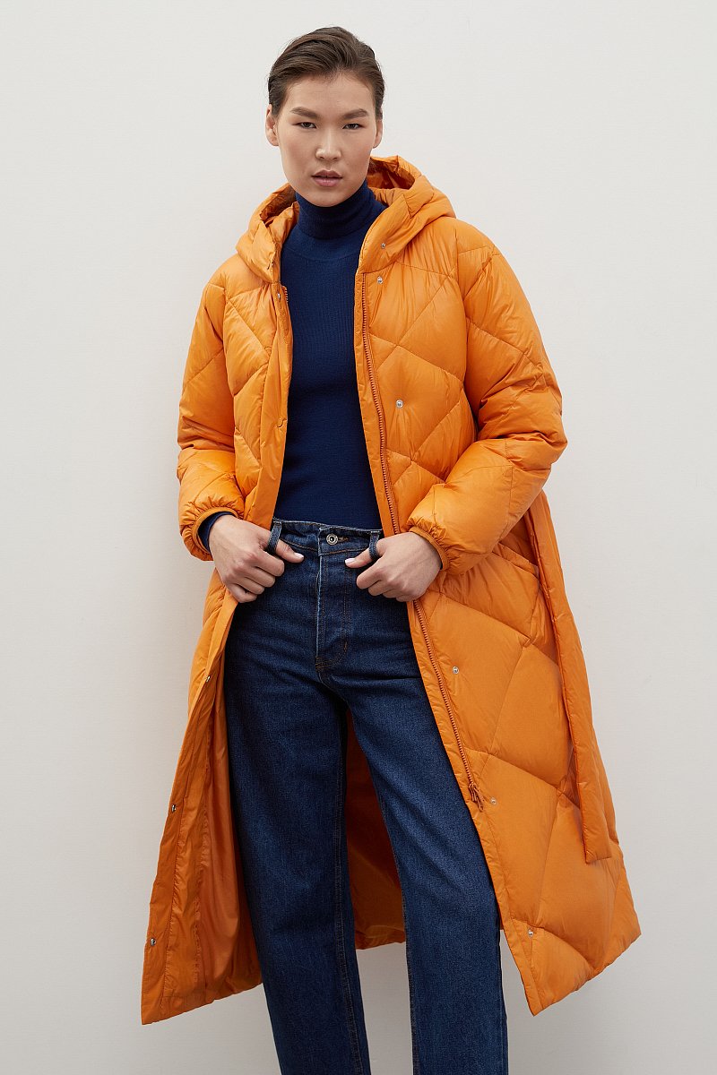 Стеганое пуховое пальто с поясом, Модель FWC11052, Фото №1