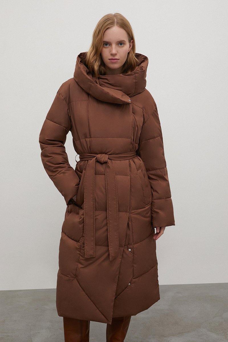 Стеганое утепленное пальто с поясом, Модель FWC11029, Фото №1