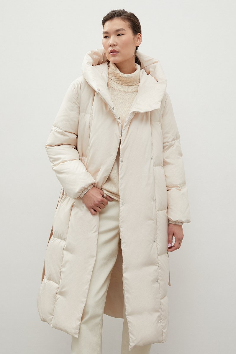 Пуховое пальто с капюшоном и поясом, Модель FWC11069, Фото №1